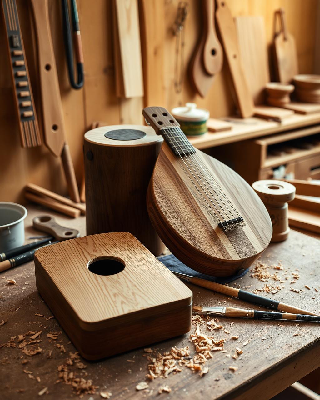 Travel cajon and bowed psaltery on a workbench